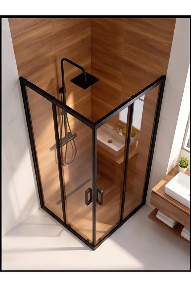 Duşakabin Kare Siyah 5mm Şeffaf Temperli Cam Teknesiz Zemine Montaj 190cm